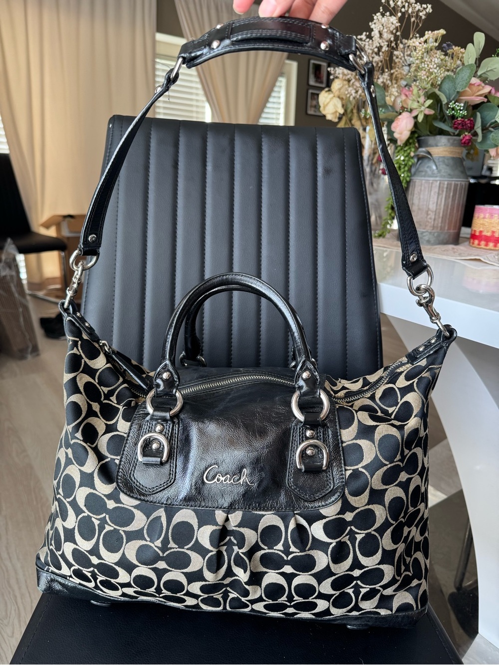 Coach Ashley Signature Sateen Large Satchel with Black Leather Trim - Picture 4 of 11